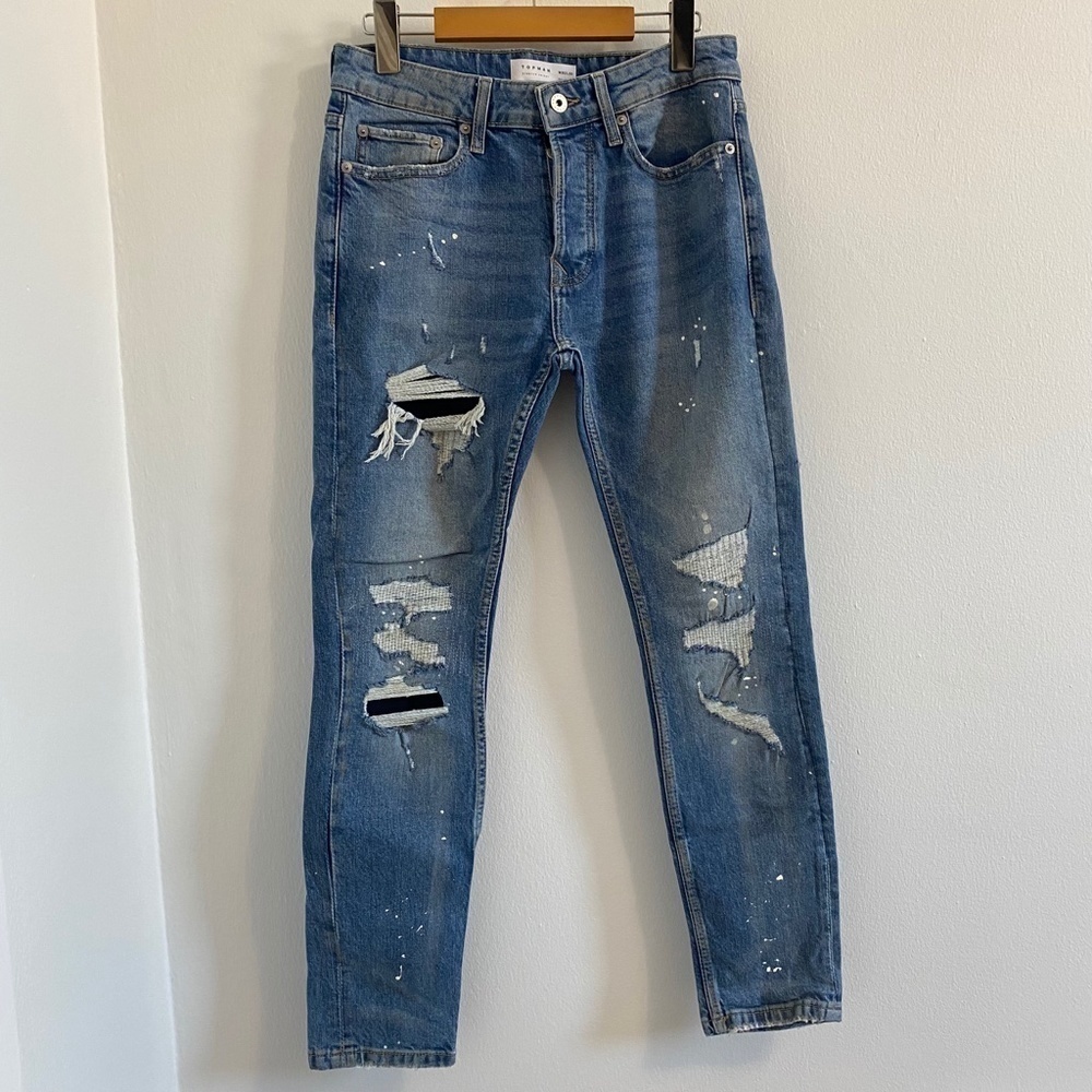 (NWOT) Topman Organic Cotton Blend Skinny Jeans & Paint Splatter In Vintage Blue